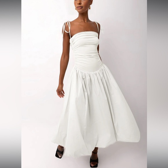 Commense XS White Tie Strap Midi Dress Cottagecore Minimalist Bubble Hem Dress - Picture 2 of 5